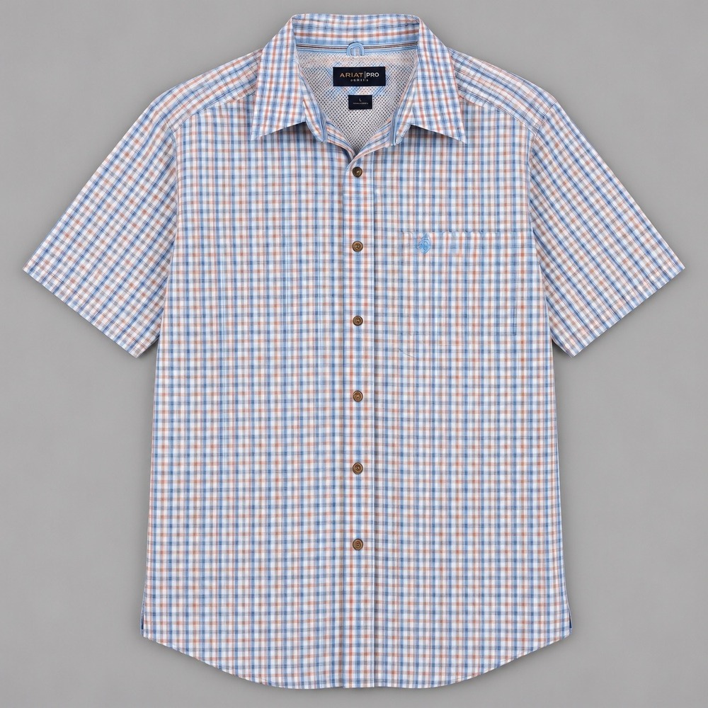 Ariat Pro Series Mens XL Blue Orange Plaid Short Sleeve Button Down Shirt